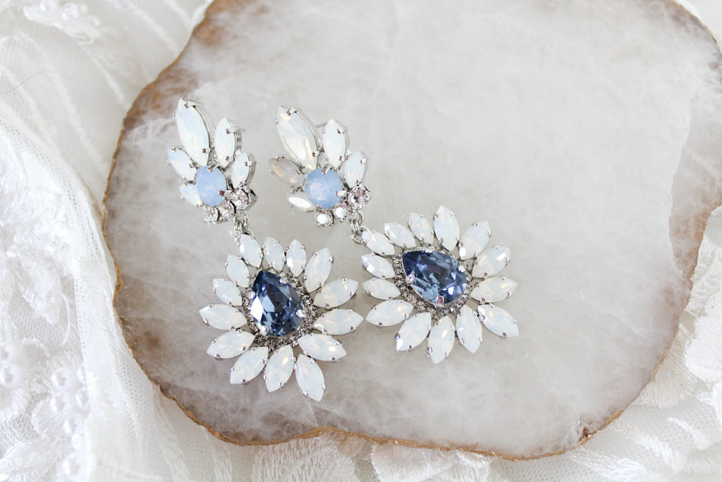 Navy Blue and White opal Crystal Bridal earrings - ADALINE - Treasures by Agnes