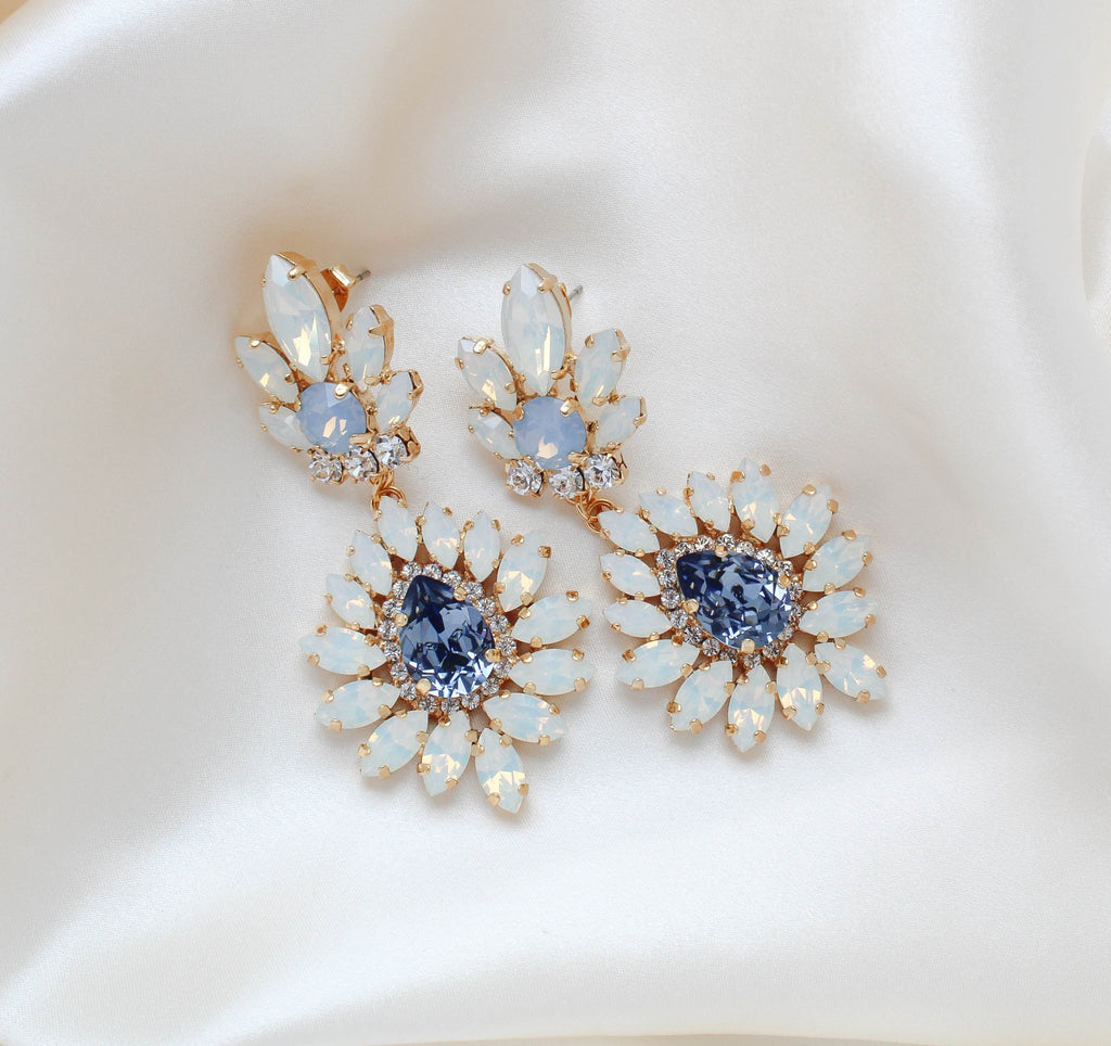 Navy Blue and White opal Crystal Bridal statement earrings - ADALINE - Treasures by Agnes