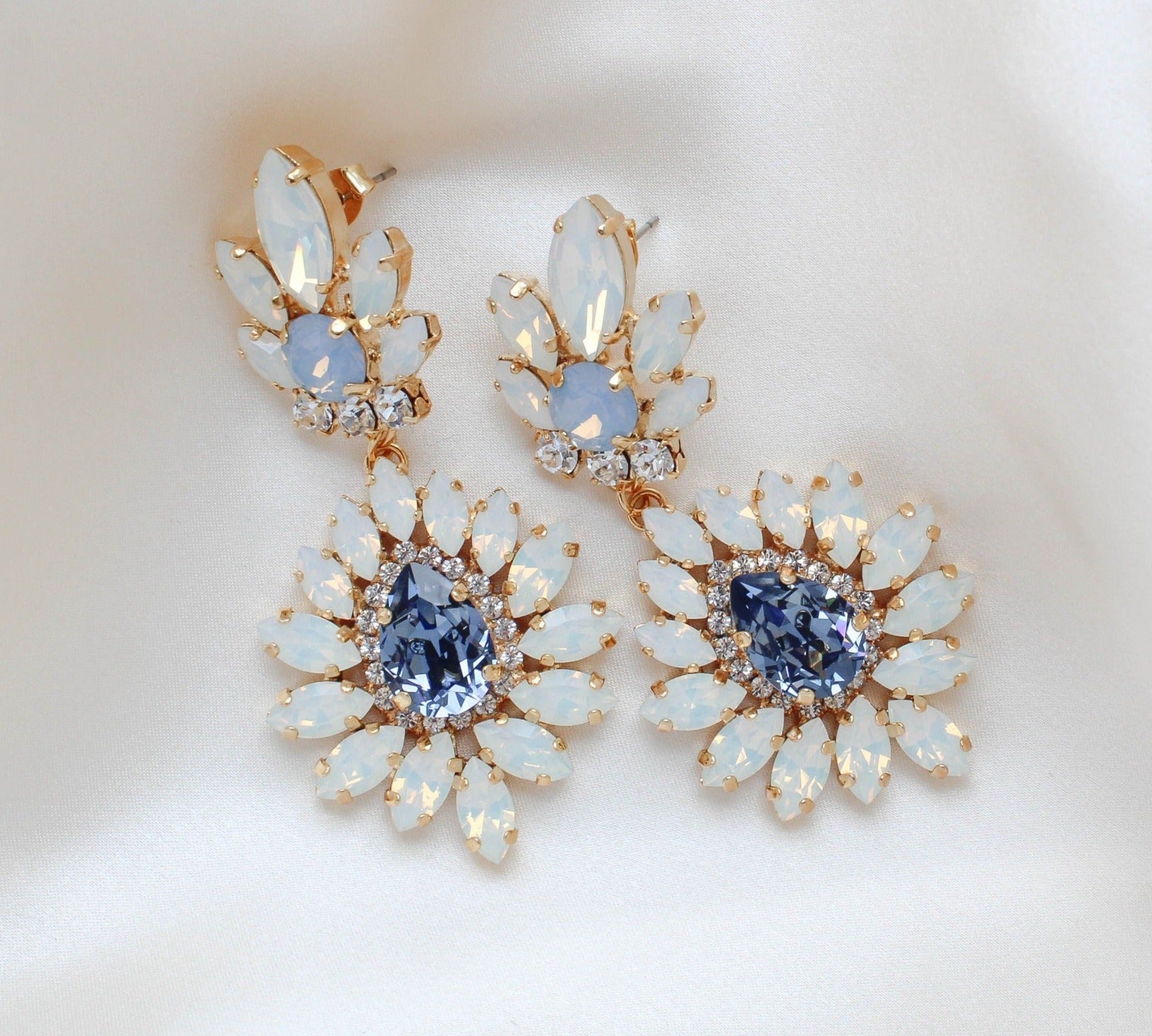 Navy Blue and White opal Crystal Bridal statement earrings - ADALINE - Treasures by Agnes