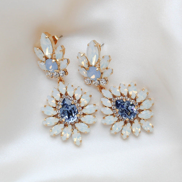 Navy Blue and White opal Crystal Bridal statement earrings - ADALINE - Treasures by Agnes