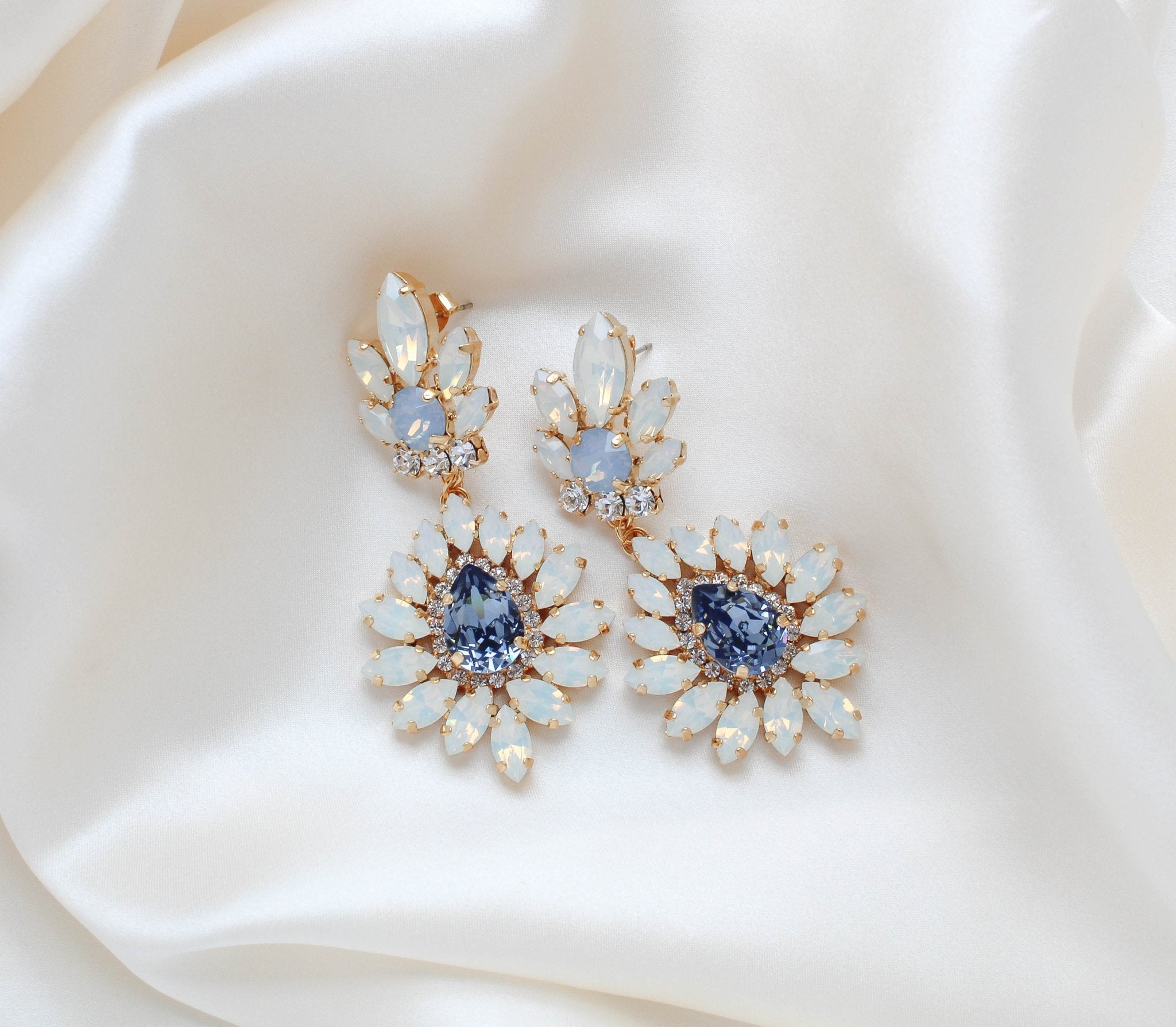 Navy Blue and White opal Crystal Bridal statement earrings - ADALINE - Treasures by Agnes