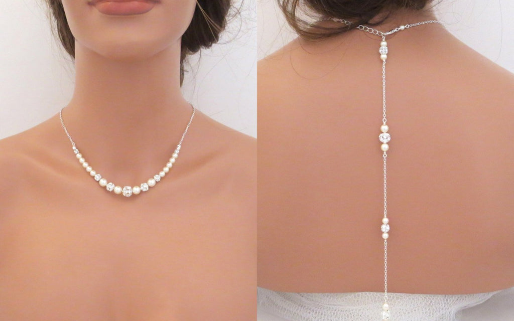 Long Back Necklace | Crystal and Pearl Wedding Jewelry | Two Be Wed