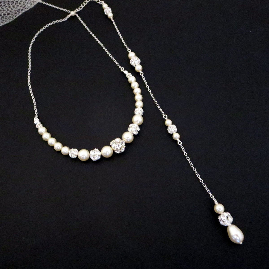 Pearl and crystal bridal back necklace - Treasures by Agnes