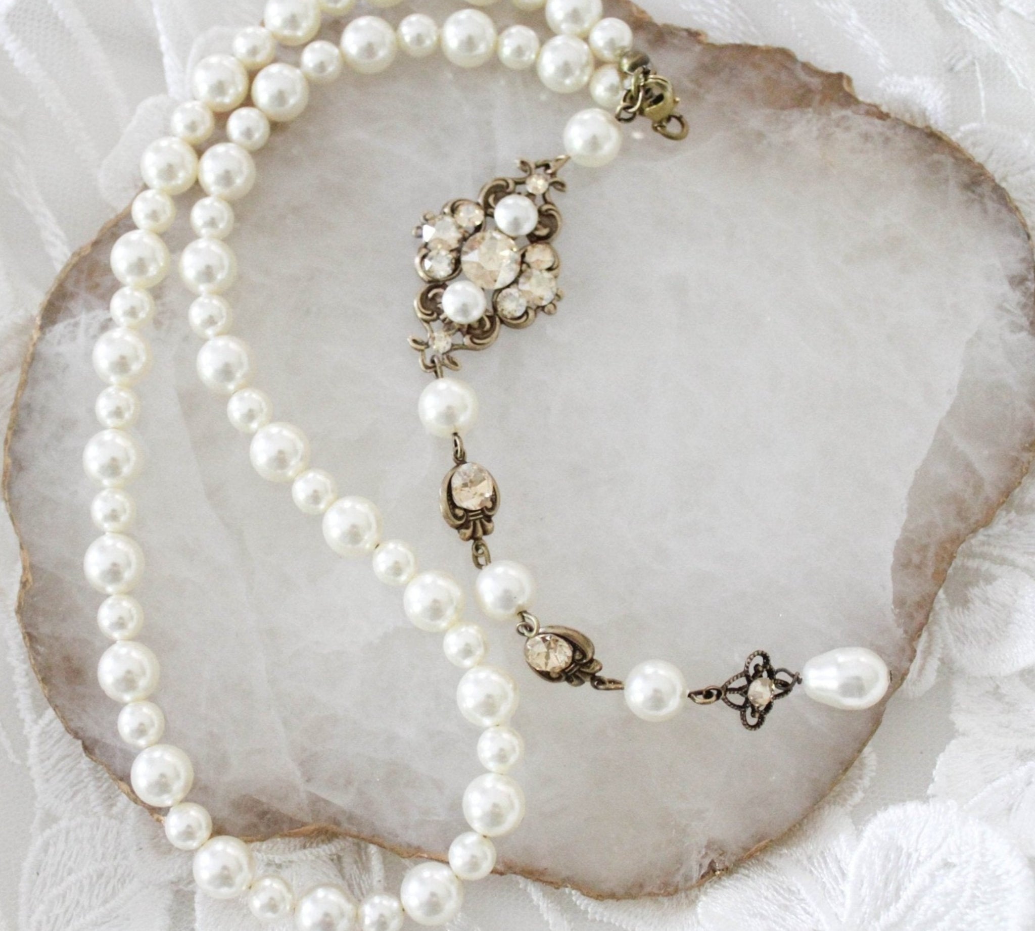 Pearl and crystal bridal backdrop necklace - ASHLYN - Treasures by Agnes