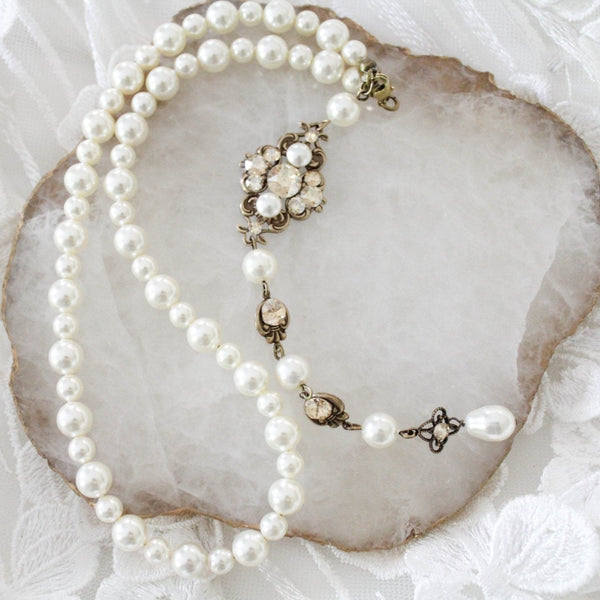 Pearl and crystal bridal backdrop necklace - ASHLYN - Treasures by Agnes