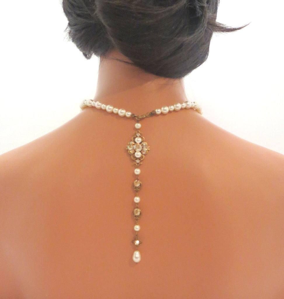 Pearl and crystal bridal backdrop necklace - ASHLYN - Treasures by Agnes