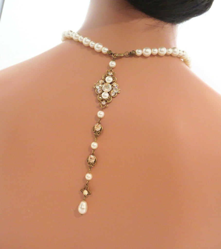 Pearl and crystal bridal backdrop necklace - ASHLYN - Treasures by Agnes