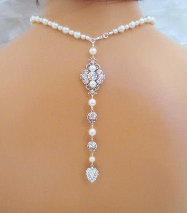 Pearl Bridal Backdrop necklace with Crystals - ASHLYN - Treasures by Agnes