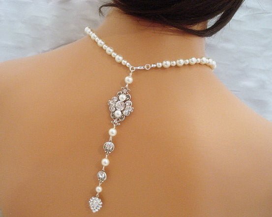 Pearl Bridal Backdrop necklace with Crystals - ASHLYN - Treasures by Agnes
