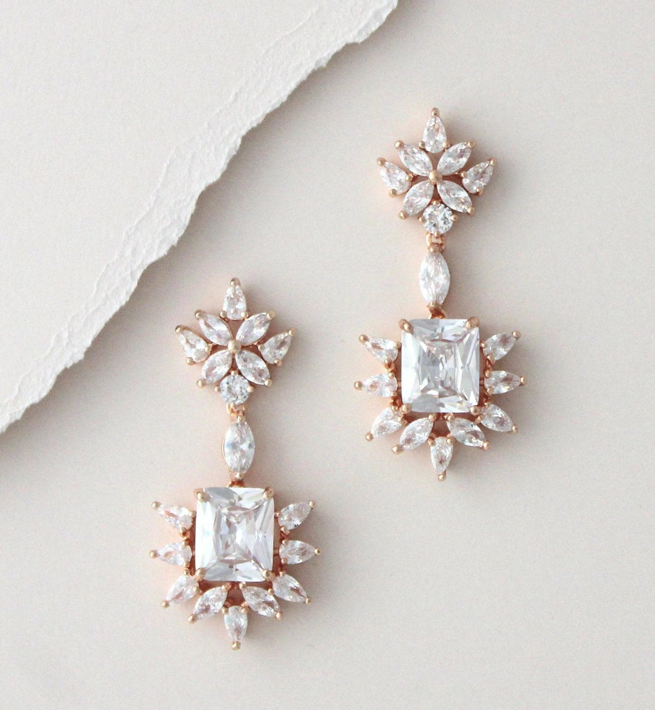 Rose gold Art Deco style Cubic Zirconia chandelier earrings - CLAIRE - Treasures by Agnes