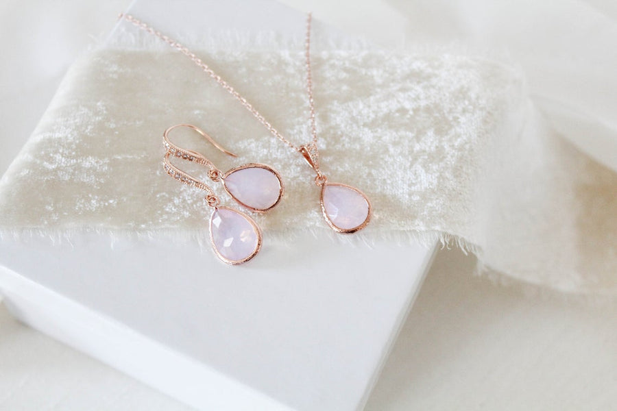 Rose gold backdrop necklace and earrings with pink opal gemstones - DANA - Treasures by Agnes