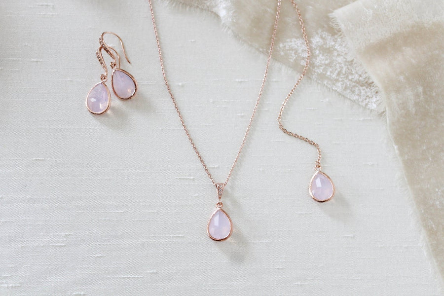 Rose gold backdrop necklace and earrings with pink opal gemstones - DANA - Treasures by Agnes