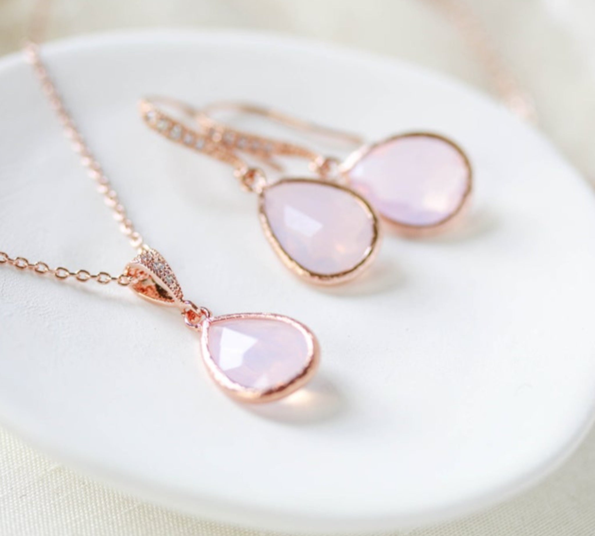 Rose gold backdrop necklace and earrings with pink opal gemstones - DANA - Treasures by Agnes