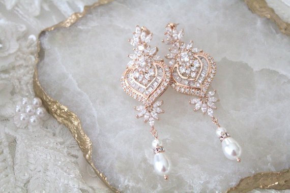 Rose gold Bridal chandelier earrings EMMA - Treasures by Agnes