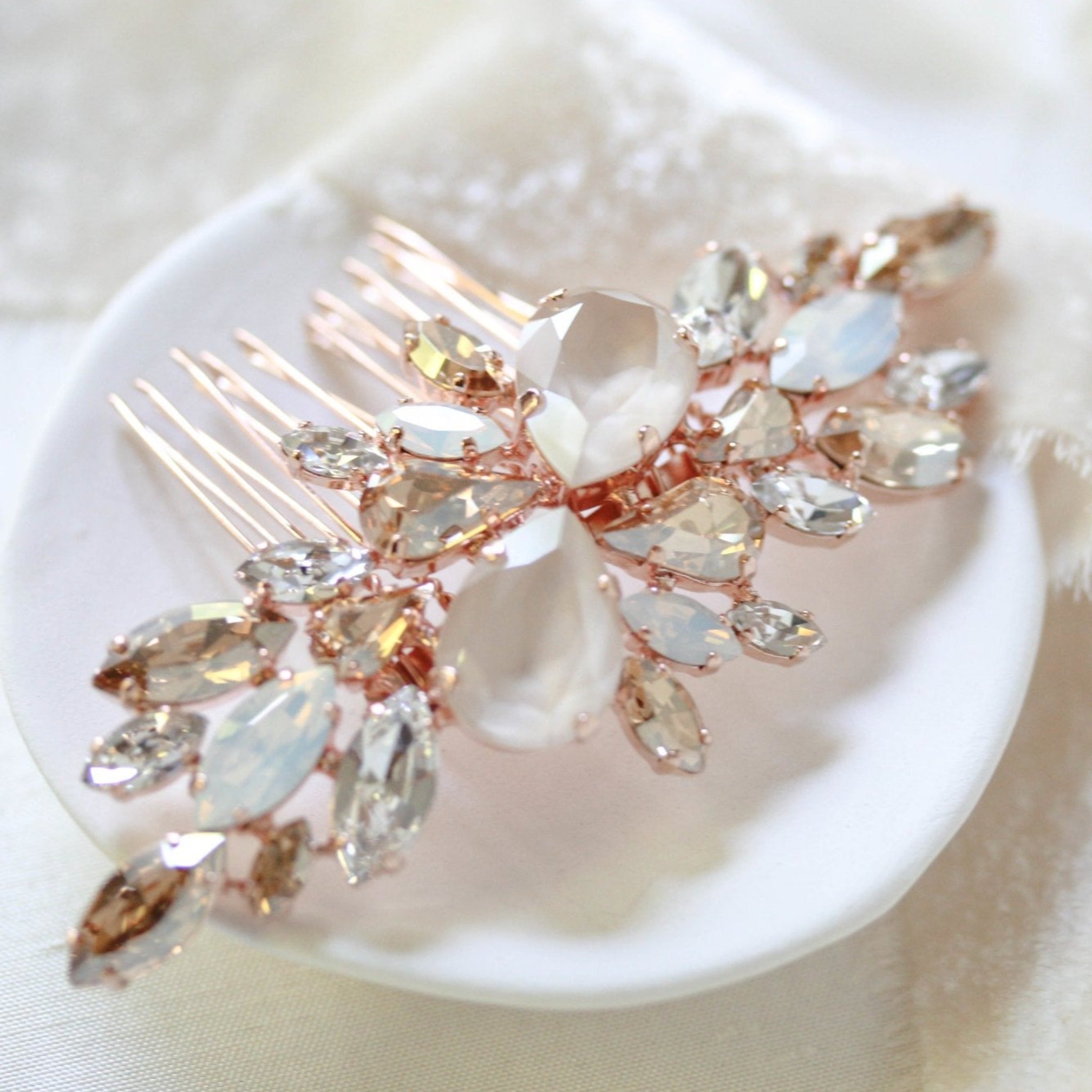 Rose gold Bridal hair comb with Ivory cream and white opal crystals - REESE - Treasures by Agnes