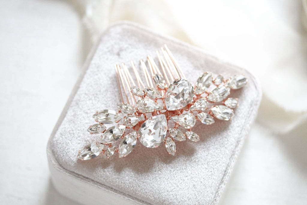Rose gold Bridal hair comb with Ivory cream and white opal crystals - REESE - Treasures by Agnes