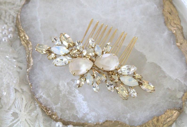 Rose gold Bridal hair comb with Ivory cream and white opal crystals - REESE - Treasures by Agnes