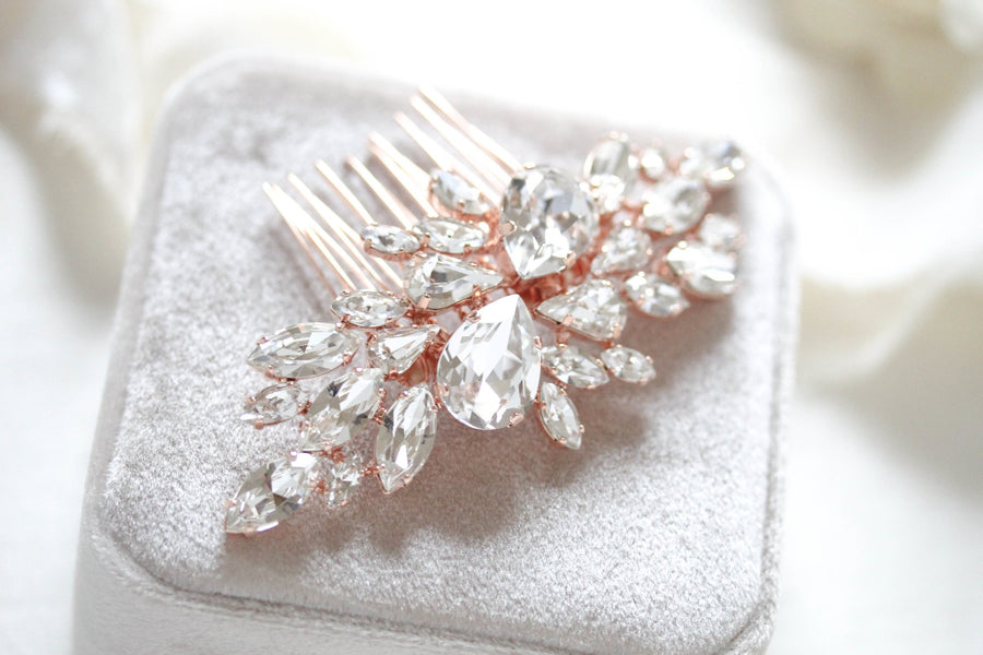 Rose gold Bridal hair comb with Ivory cream and white opal crystals - REESE - Treasures by Agnes