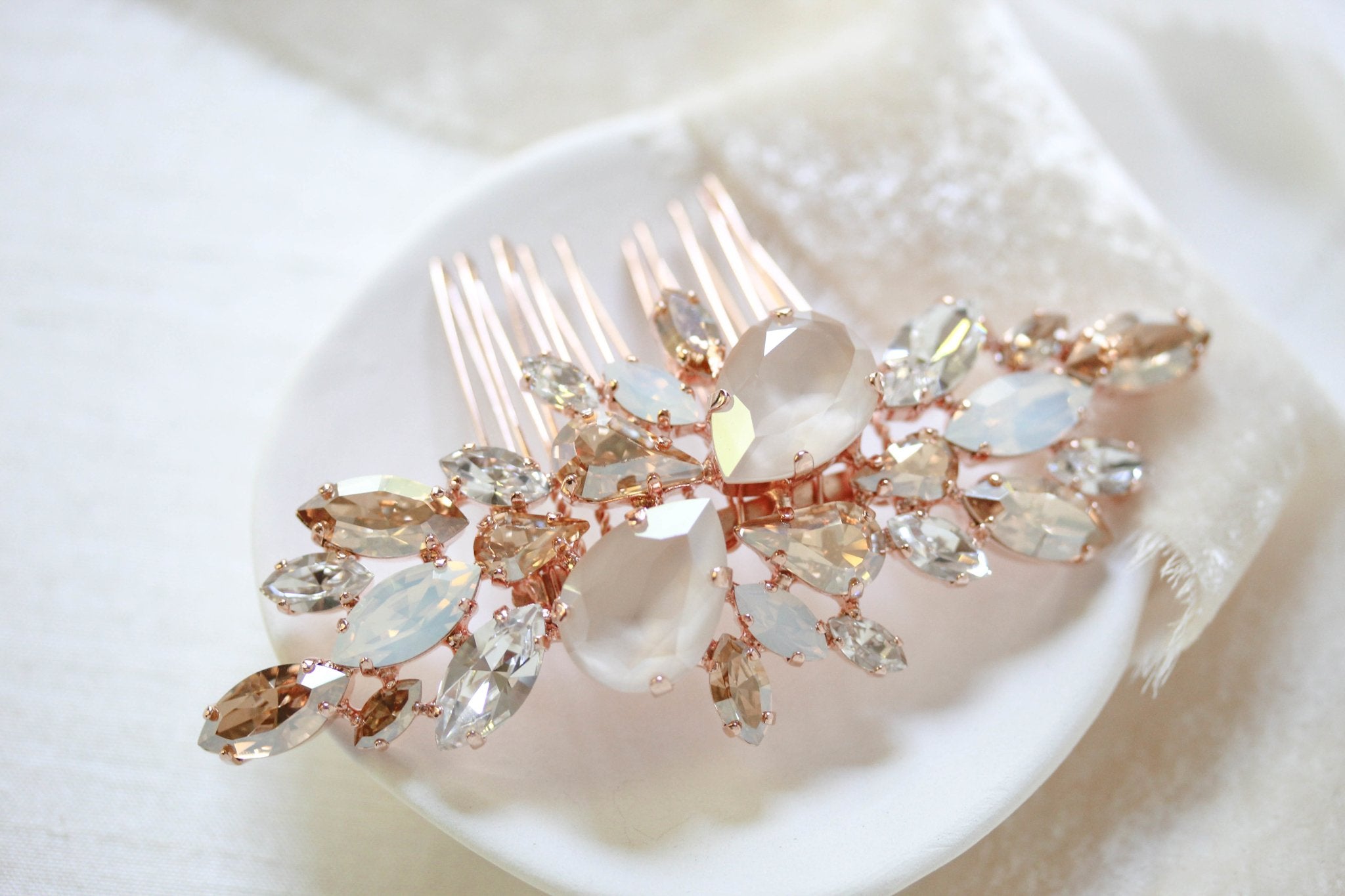 Rose gold Bridal hair comb with Ivory cream and white opal crystals - REESE - Treasures by Agnes