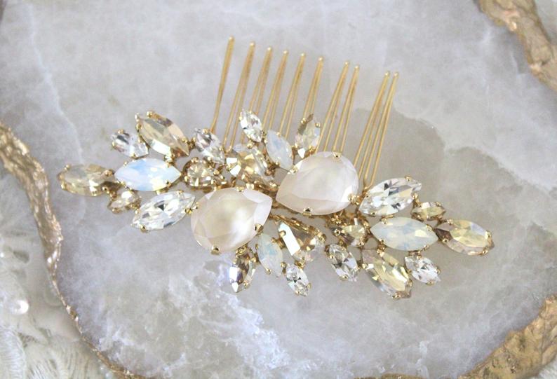 Rose gold Bridal hair comb with Ivory cream and white opal crystals - REESE - Treasures by Agnes