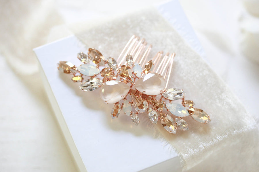 Rose gold Bridal hair comb with Ivory cream and white opal crystals - REESE - Treasures by Agnes