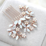 Rose gold Bridal hair comb with white opal crystals and pearls - EVA - Treasures by Agnes