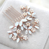 Rose gold Bridal hair comb with white opal crystals and pearls - EVA - Treasures by Agnes