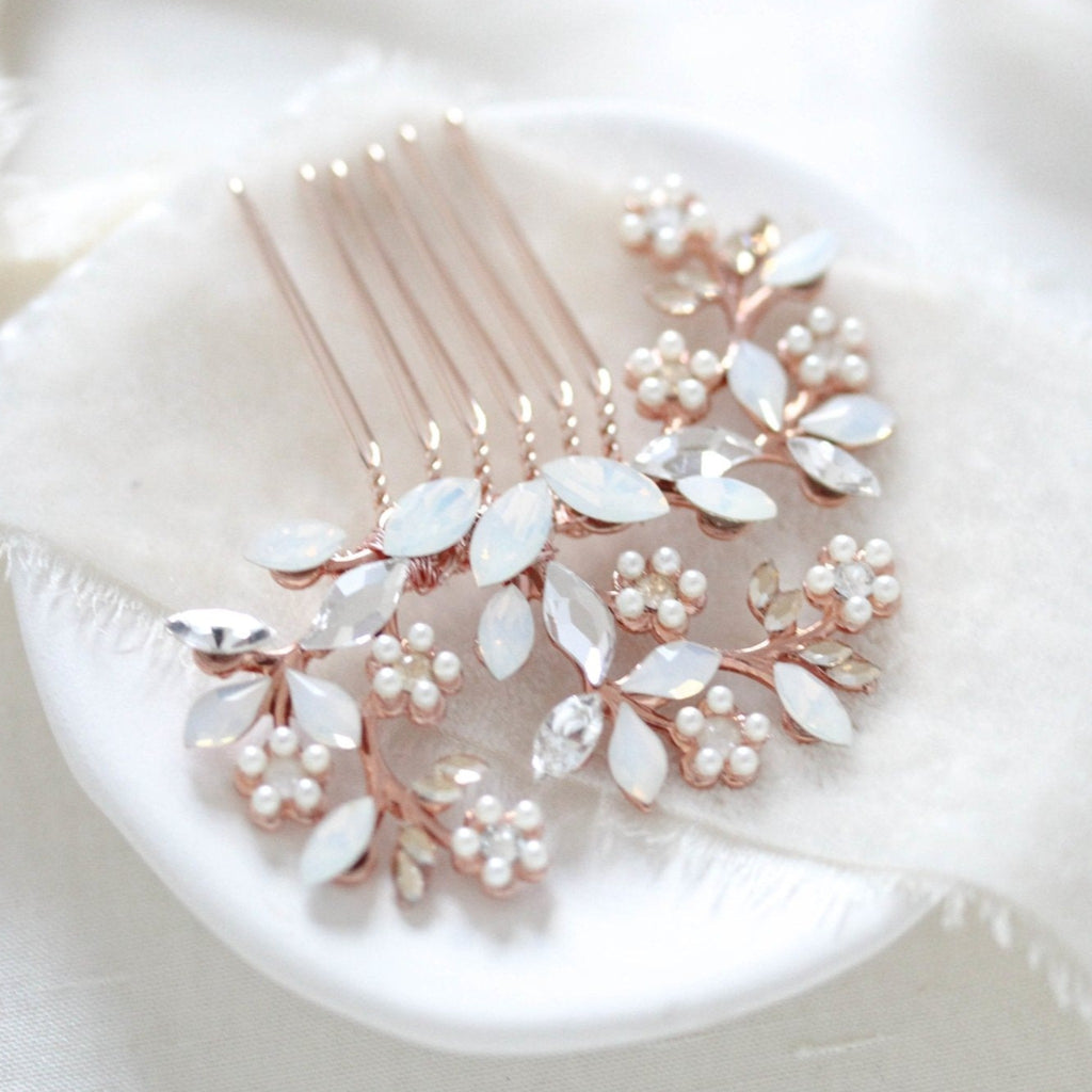 Rose gold Bridal hair comb with white opal crystals and pearls - EVA - Treasures by Agnes