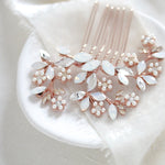 Rose gold Bridal hair comb with white opal crystals and pearls - EVA - Treasures by Agnes