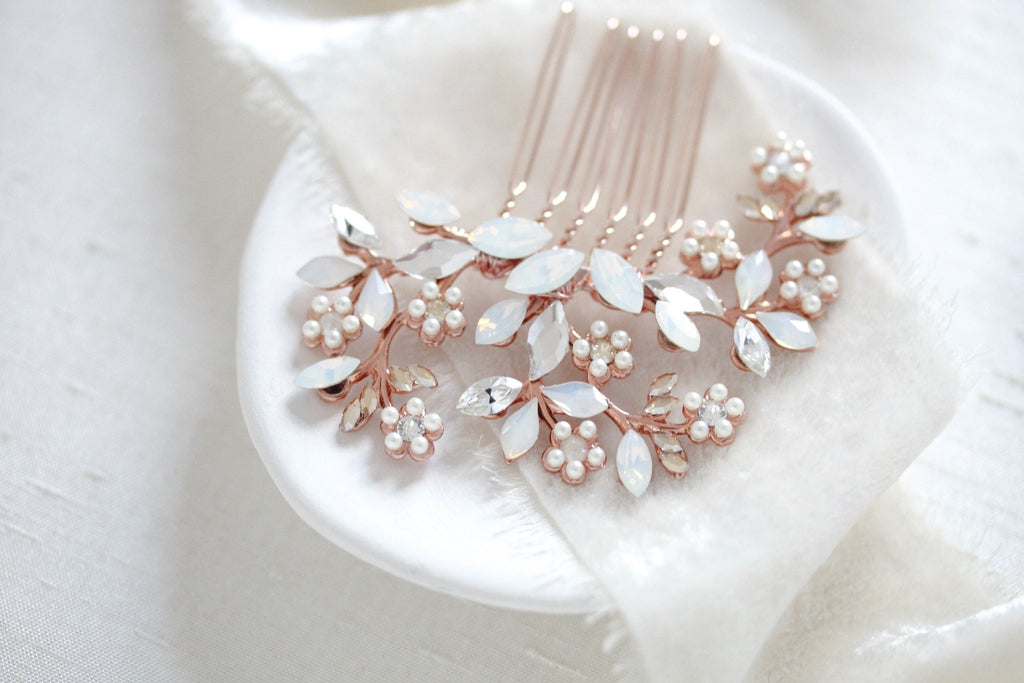 Rose gold Bridal hair comb with white opal crystals and pearls - EVA - Treasures by Agnes