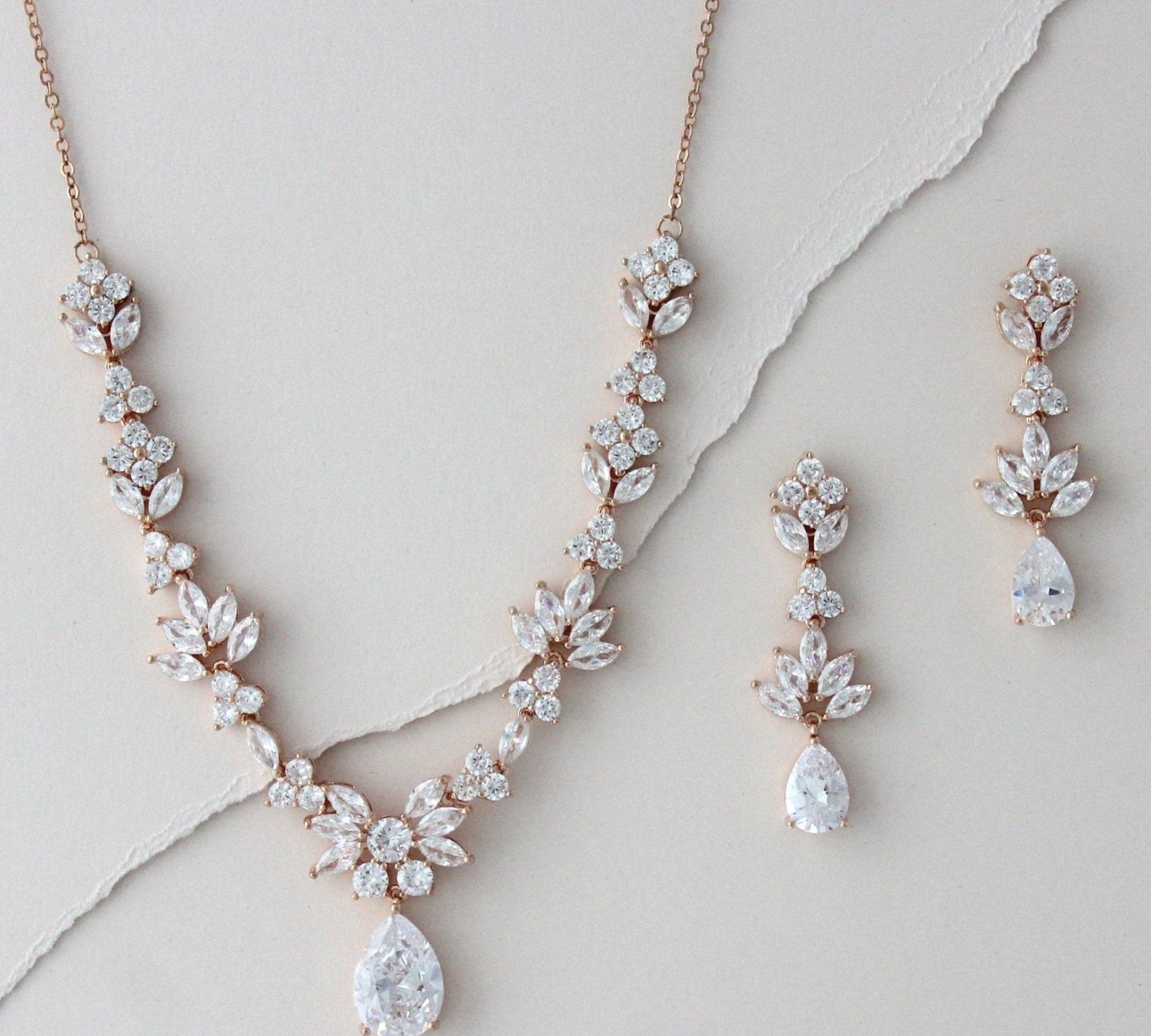 Rose gold Bridal leaf inspired necklace set - AVA - Treasures by Agnes