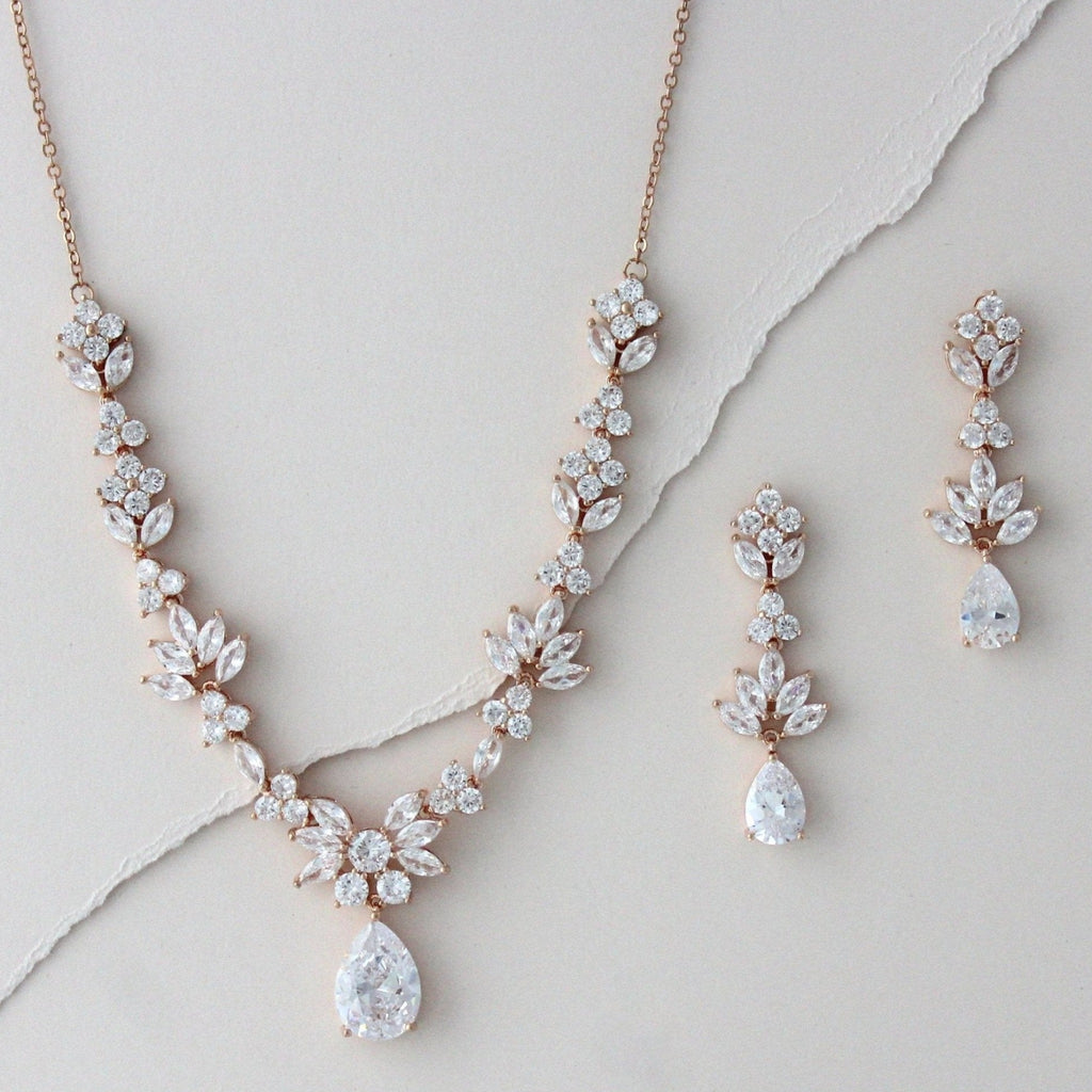 Rose gold Bridal leaf inspired necklace set - AVA - Treasures by Agnes