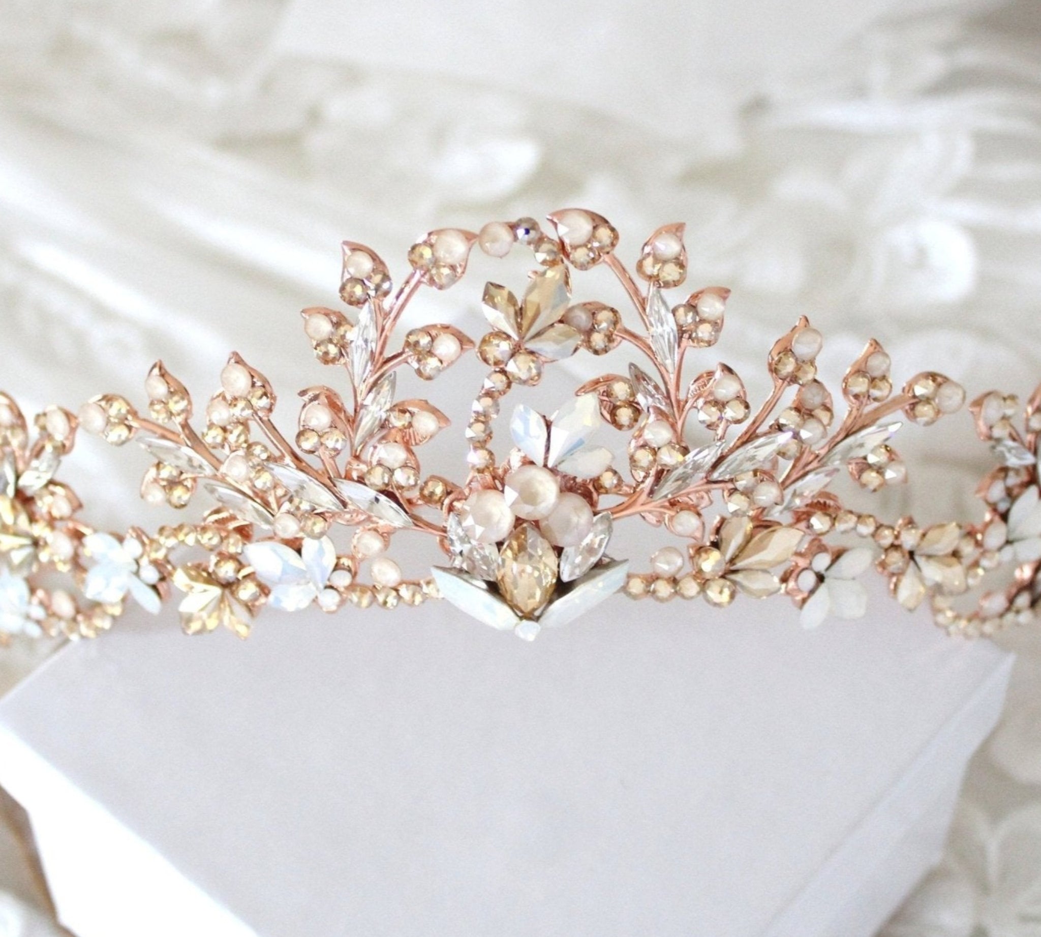 Rose gold Bridal leaf tiara crown with Austrian crystals - ALESSANDRA - Treasures by Agnes
