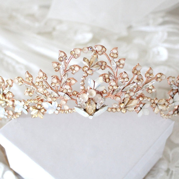 Rose gold Bridal leaf tiara crown with Austrian crystals - ALESSANDRA - Treasures by Agnes