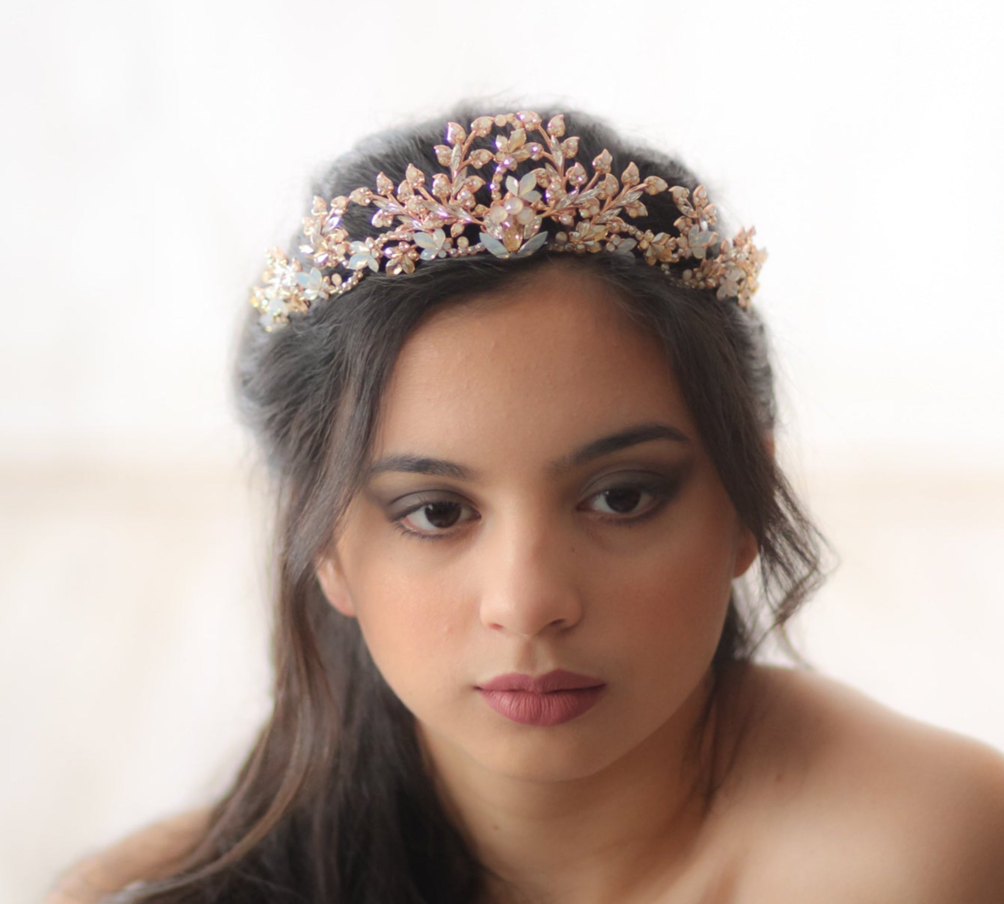 Rose gold Bridal leaf tiara crown with Austrian crystals - ALESSANDRA - Treasures by Agnes