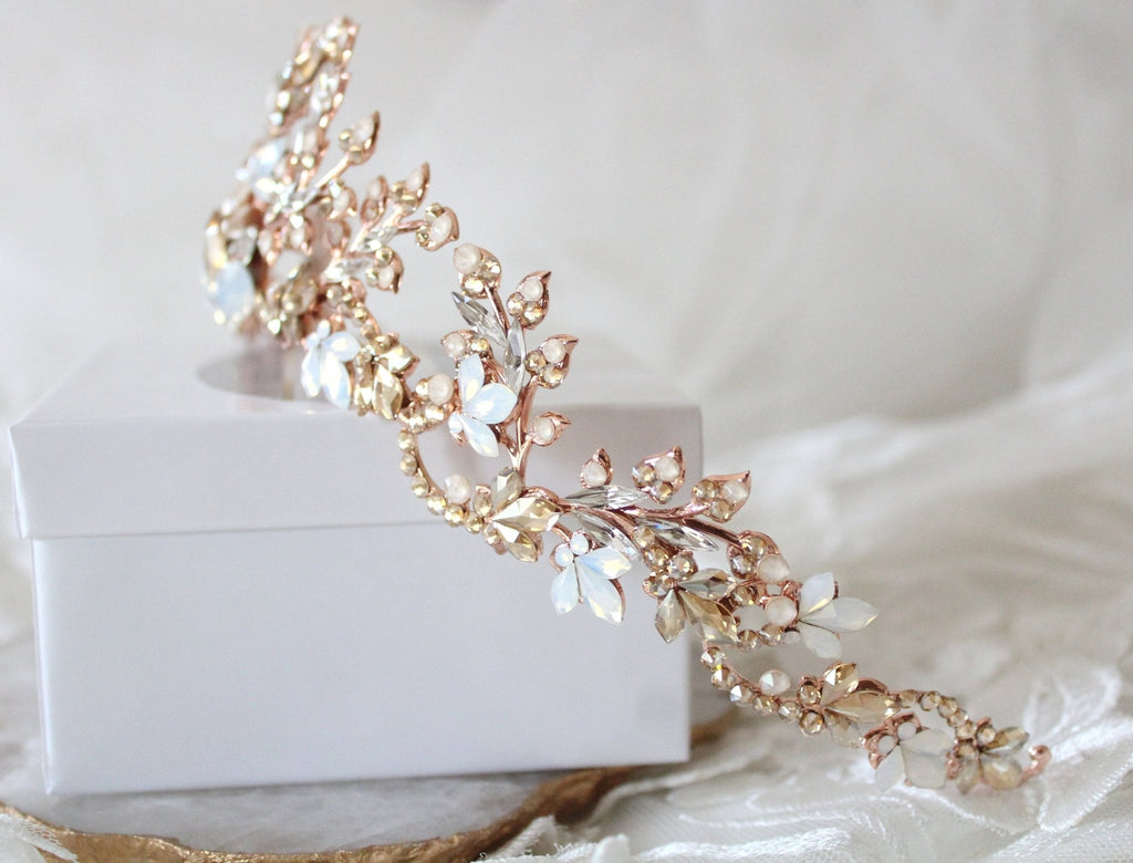 Rose gold Bridal leaf tiara crown with Austrian crystals - ALESSANDRA - Treasures by Agnes