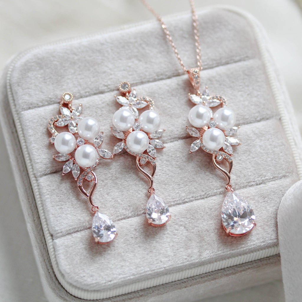 Rose Gold Pearl Bridal Wedding Necklace Earrings Jewelry Set chain