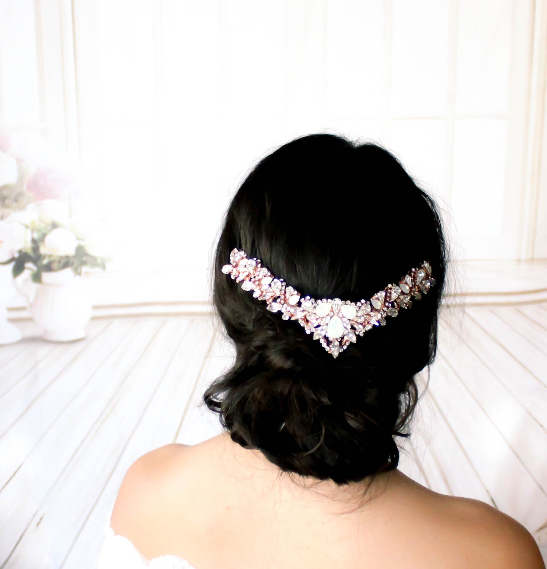 Rose gold Bridal tiara with white opal crystals - CASSANDRA - Treasures by Agnes