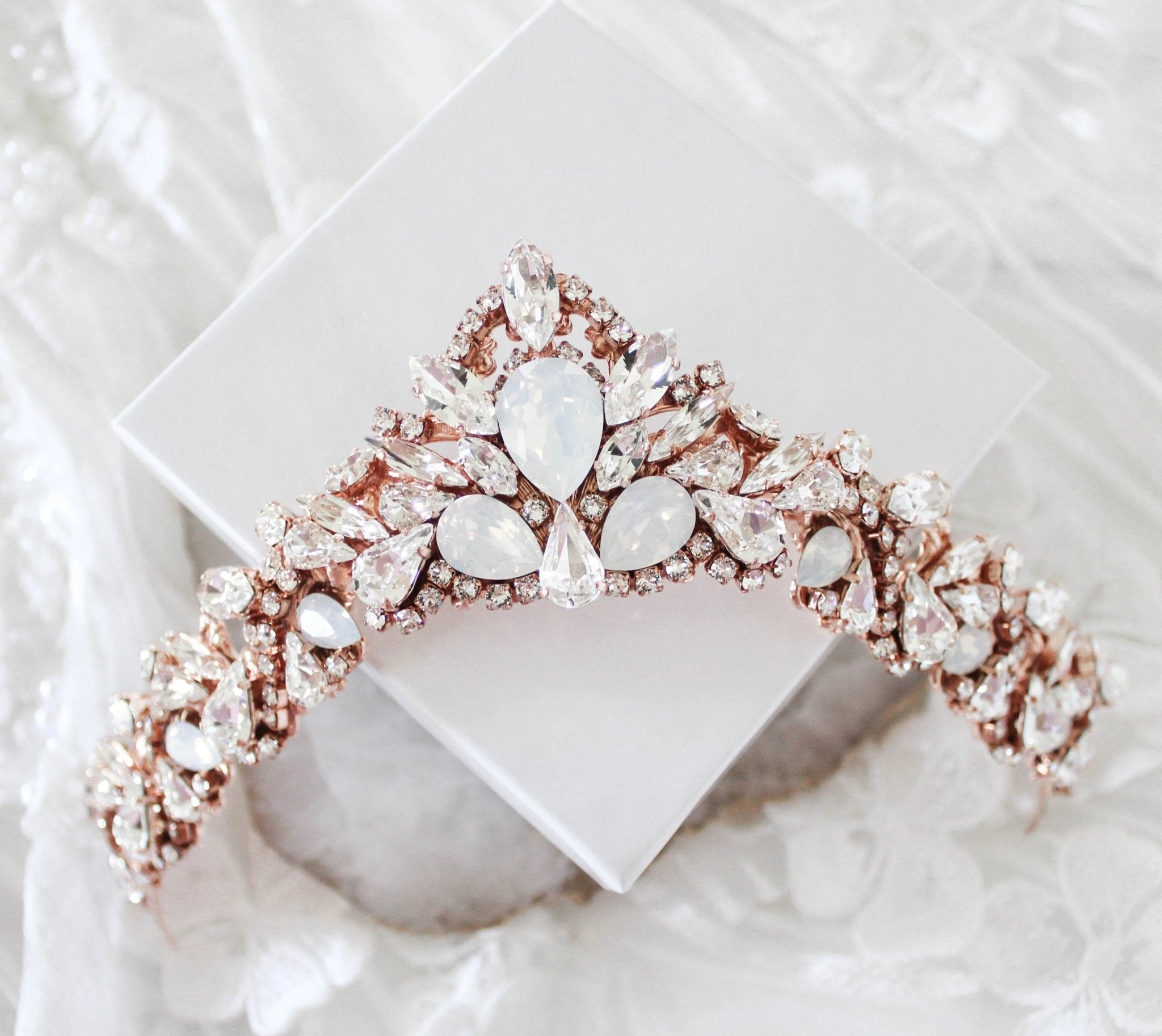 Rose gold Bridal tiara with white opal crystals - CASSANDRA - Treasures by Agnes