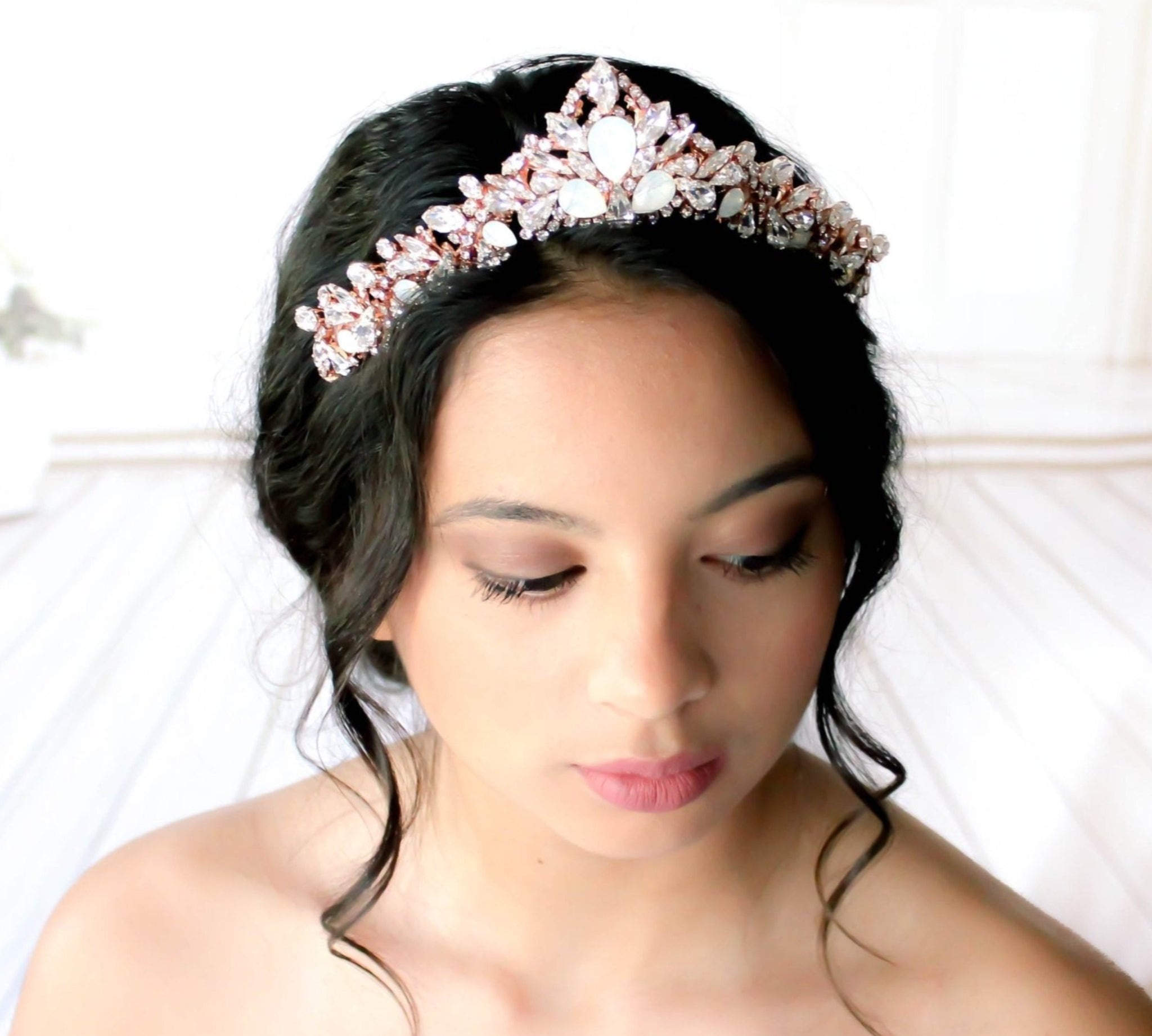 Rose gold Bridal tiara with white opal crystals - CASSANDRA - Treasures by Agnes
