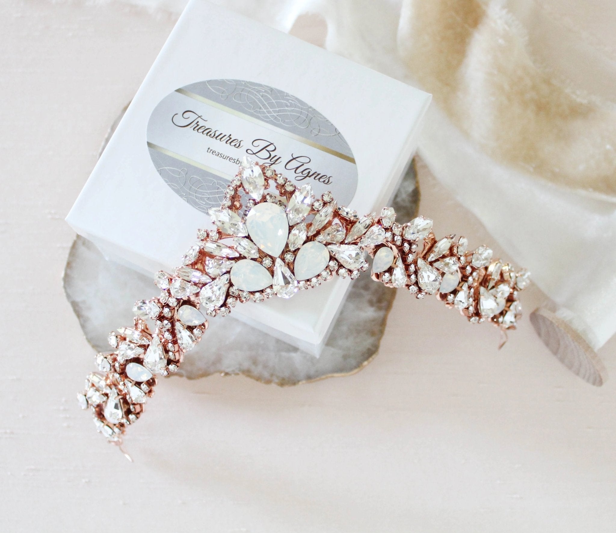 Rose gold Bridal tiara with white opal crystals - CASSANDRA - Treasures by Agnes