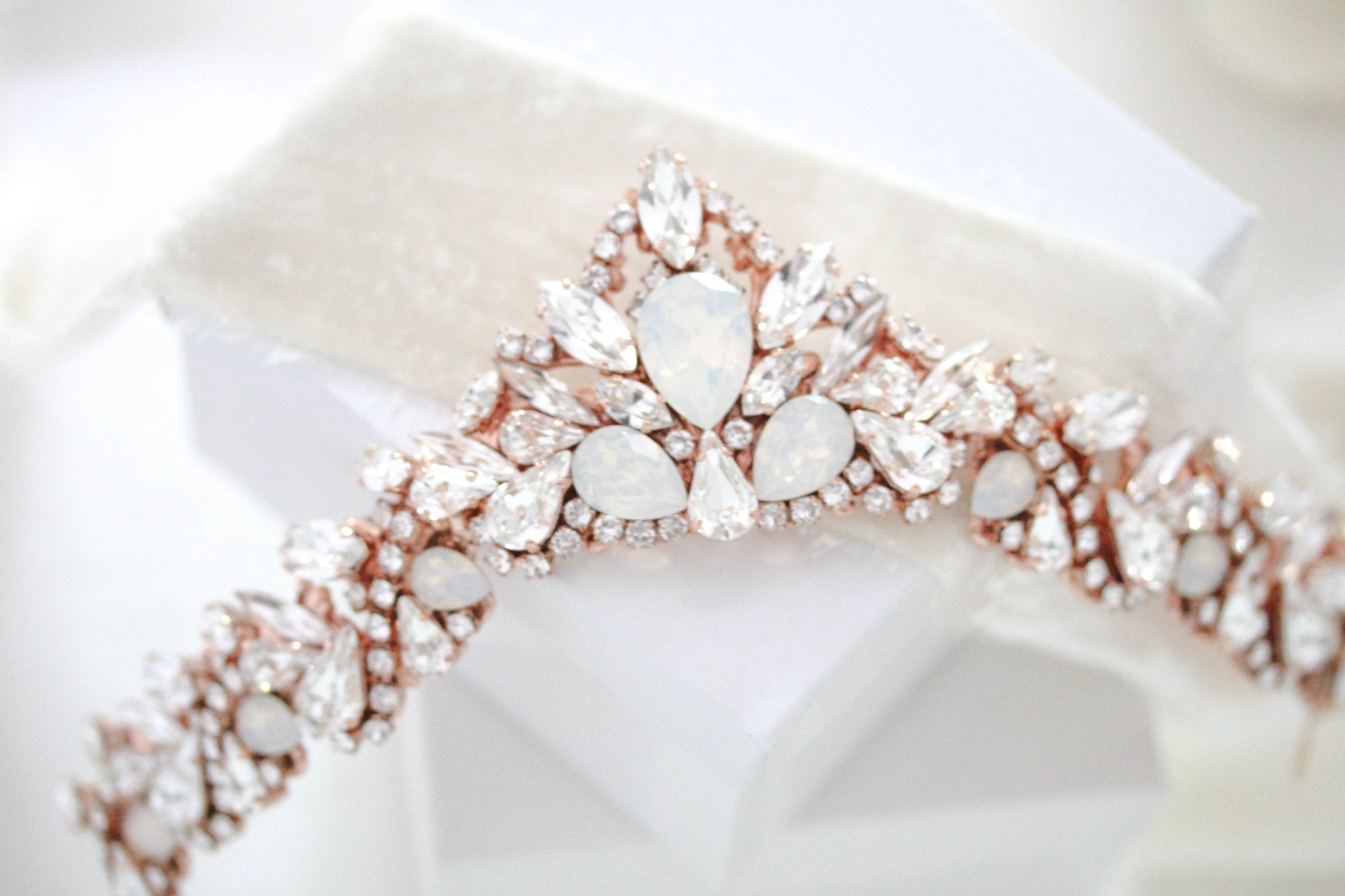 Rose gold Bridal tiara with white opal crystals - CASSANDRA - Treasures by Agnes