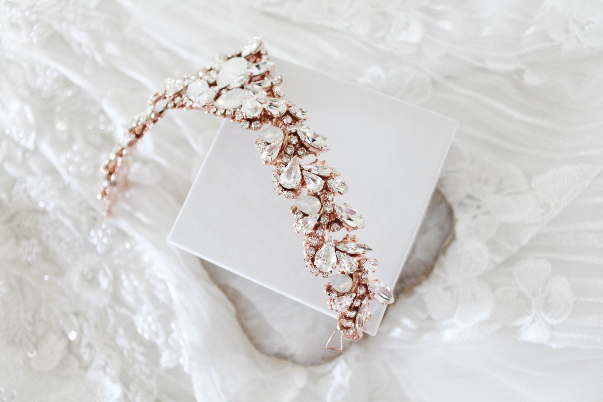 Rose gold Bridal tiara with white opal crystals - CASSANDRA - Treasures by Agnes