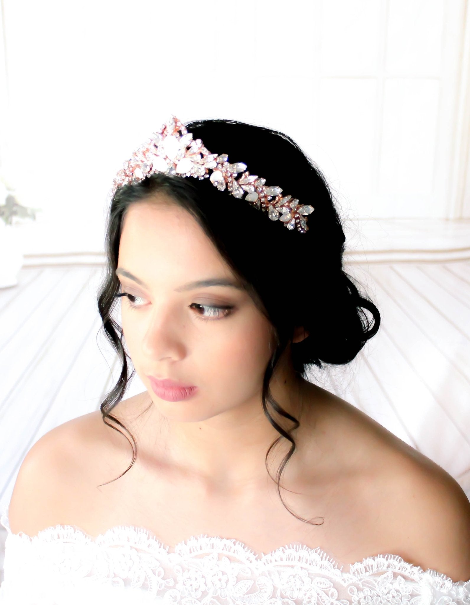 Rose gold Bridal tiara with white opal crystals - CASSANDRA - Treasures by Agnes