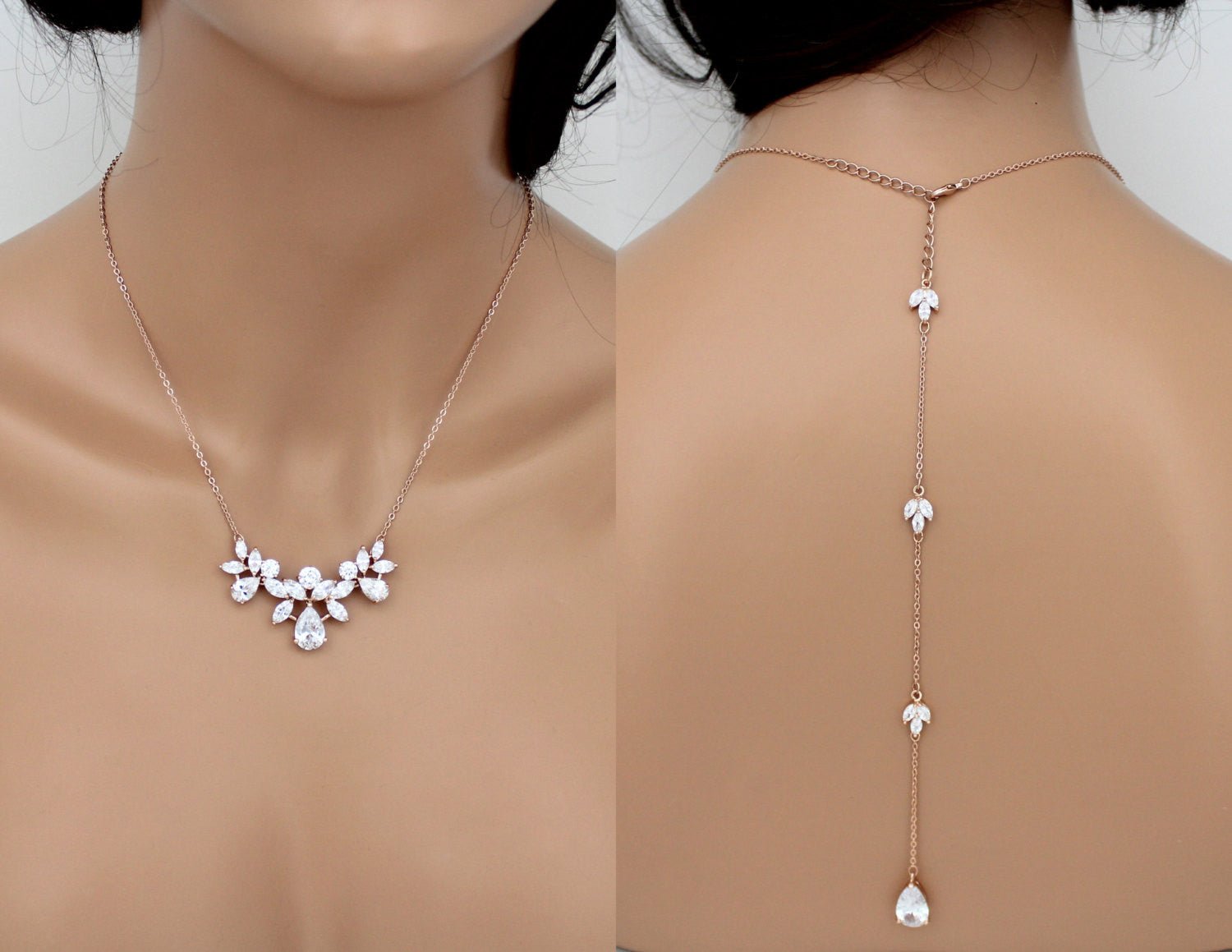 Rose gold Crystal Bridal Backdrop necklace set - TALIA - Treasures by Agnes