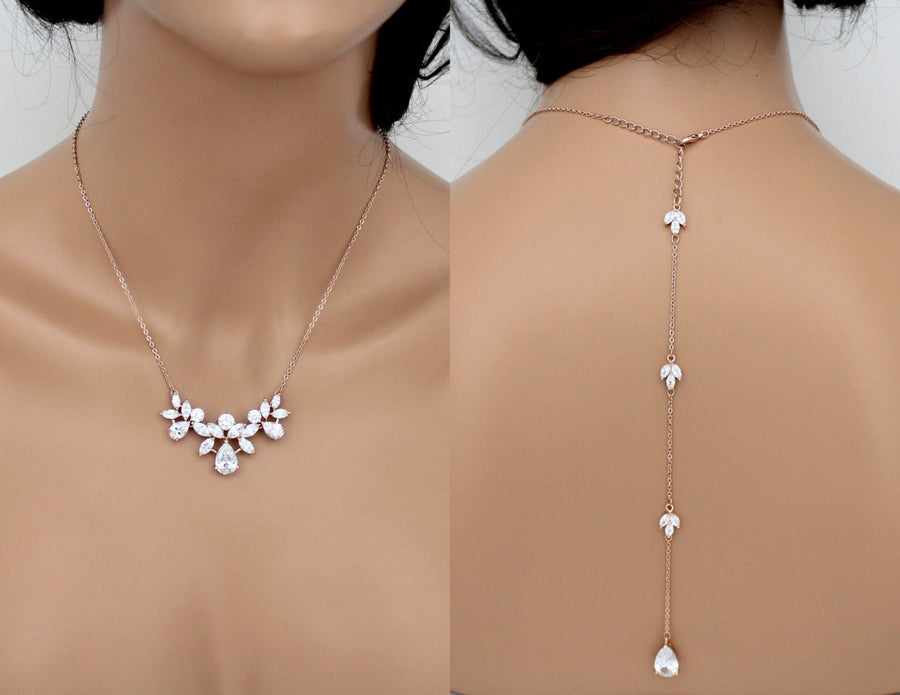 Rose gold Crystal Bridal Backdrop necklace set - TALIA - Treasures by Agnes