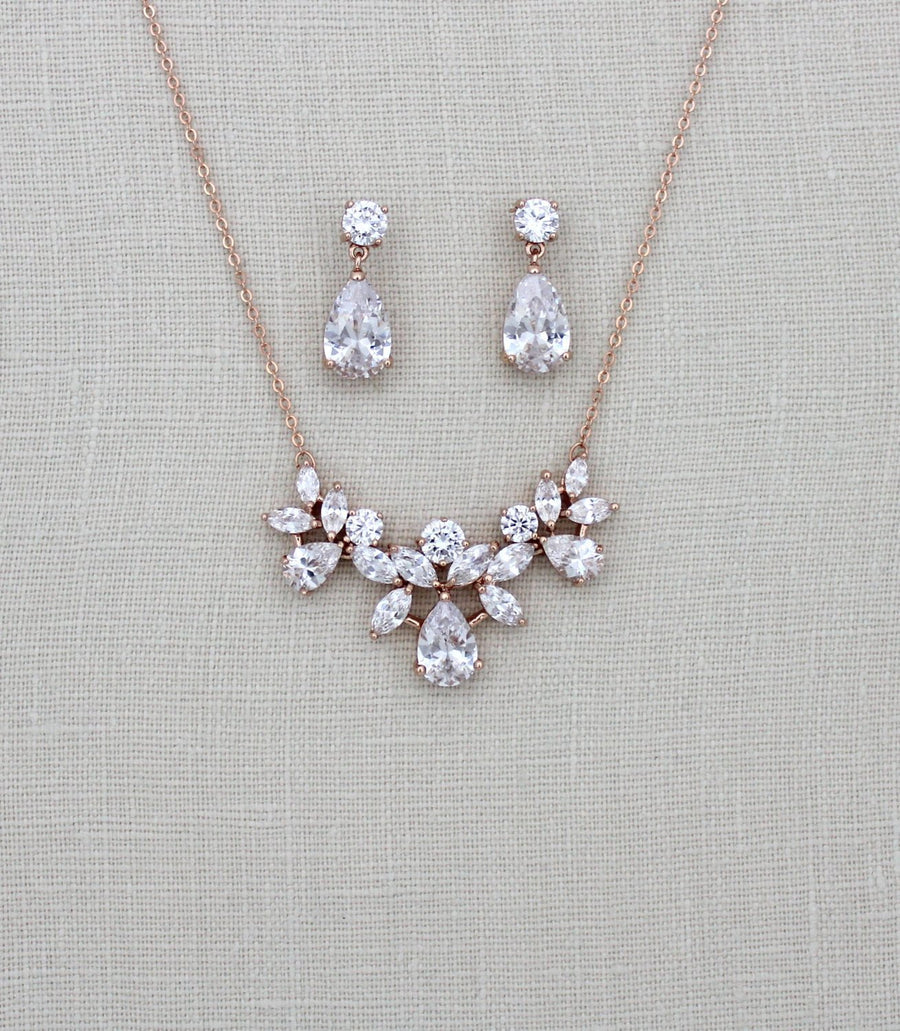 Rose gold Crystal Bridal Backdrop necklace set - TALIA - Treasures by Agnes