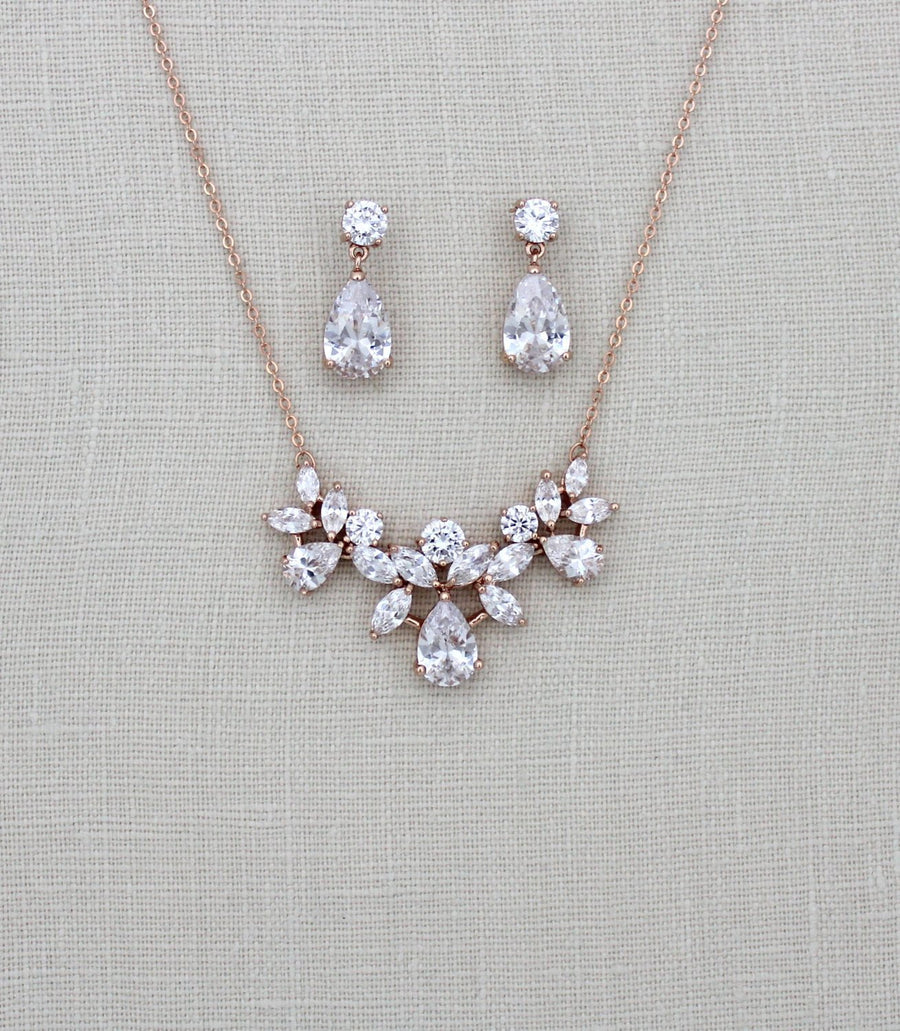 Rose gold Crystal Bridal Backdrop necklace set - TALIA - Treasures by Agnes