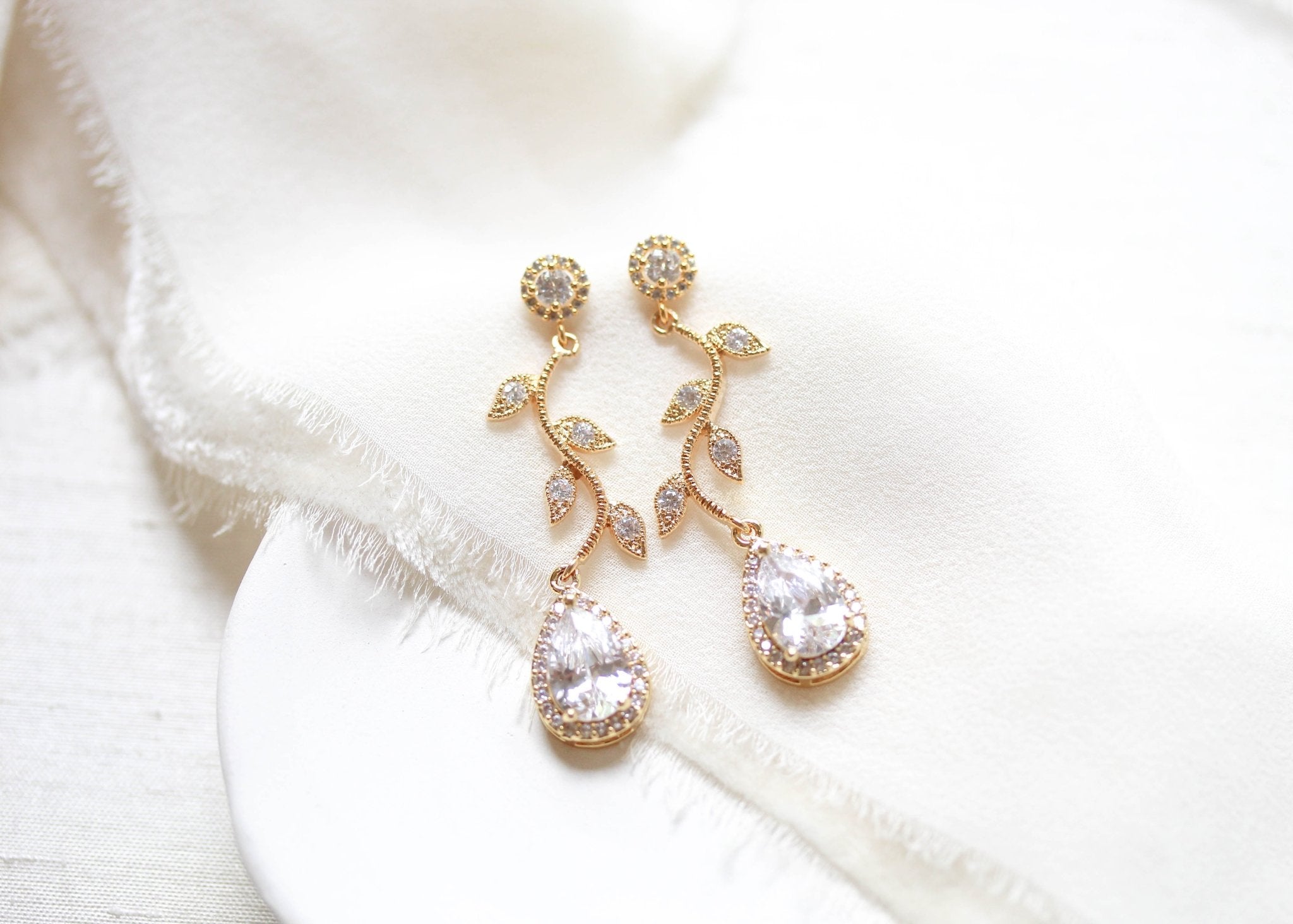 Rose gold crystal drop leaf bridal earrings - RYLIE - Treasures by Agnes