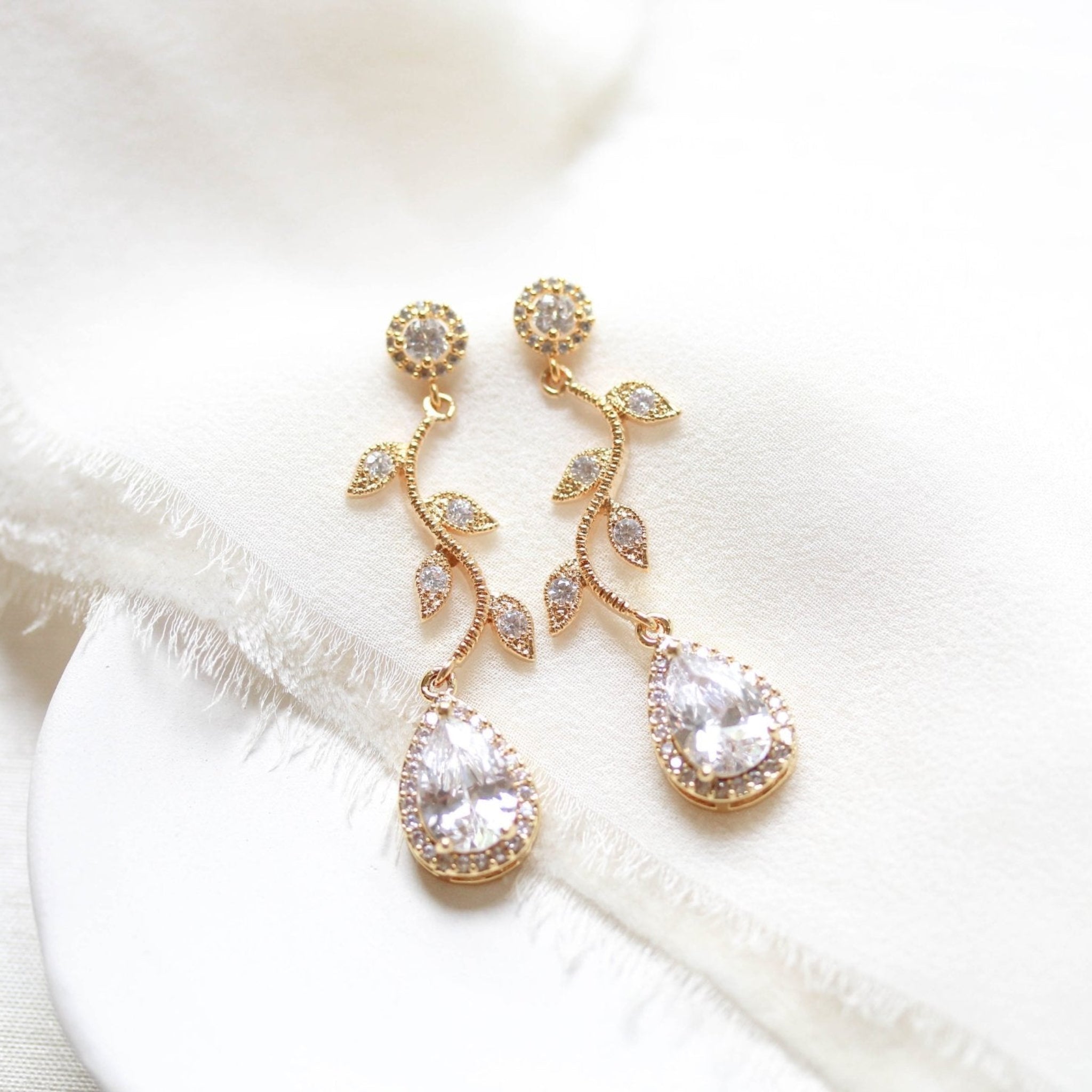 gold crystal drop leaf bridal earrings - RYLIE - Treasures by Agnes